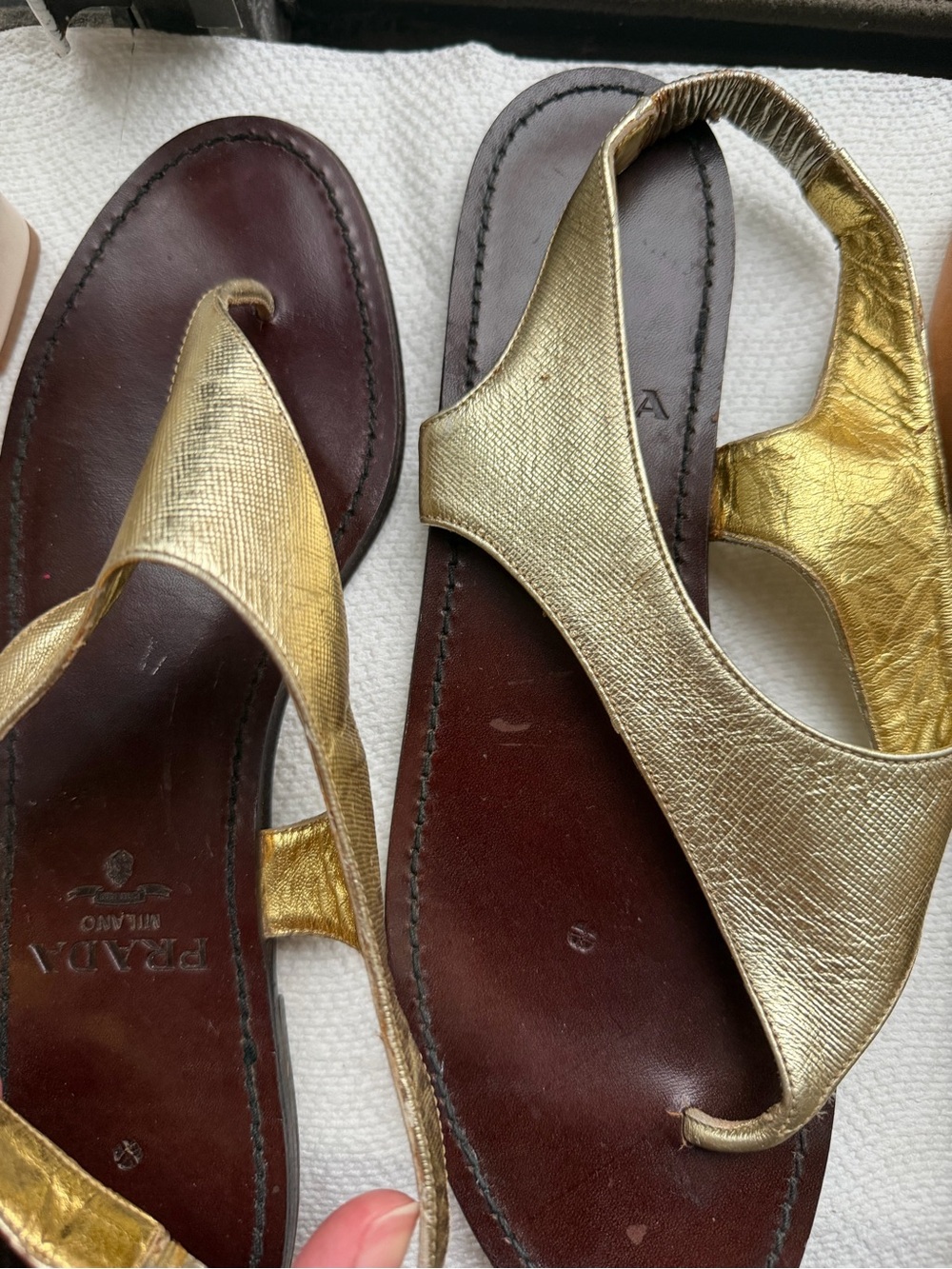 Prada Saffiano Metallic Gold Leather Slingback Sandals